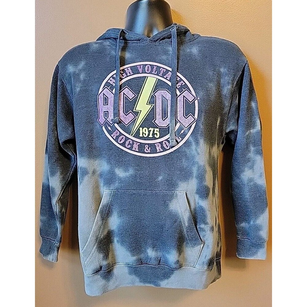 AC/DC Men's Blue Hoodie Sweatshirt 1975 High Voltage Rock & Roll Tie Dye | Sz S